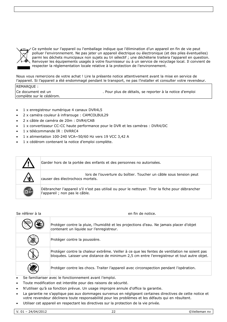 Guide d'installation rapide, Guide, D’inst | Talla, Ation, Rapid, Introdu, Consign, Directiv, Uction | Velleman CCTVPROM14 User Manual | Page 22 / 49