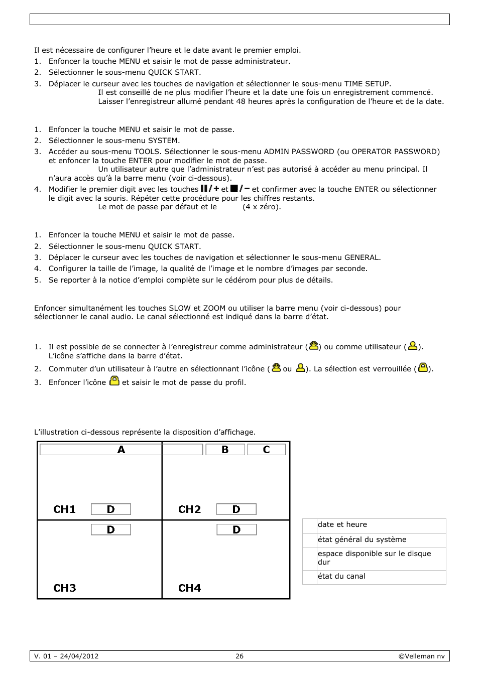 Emploi | Velleman CCTVPROM14 User Manual | Page 26 / 49