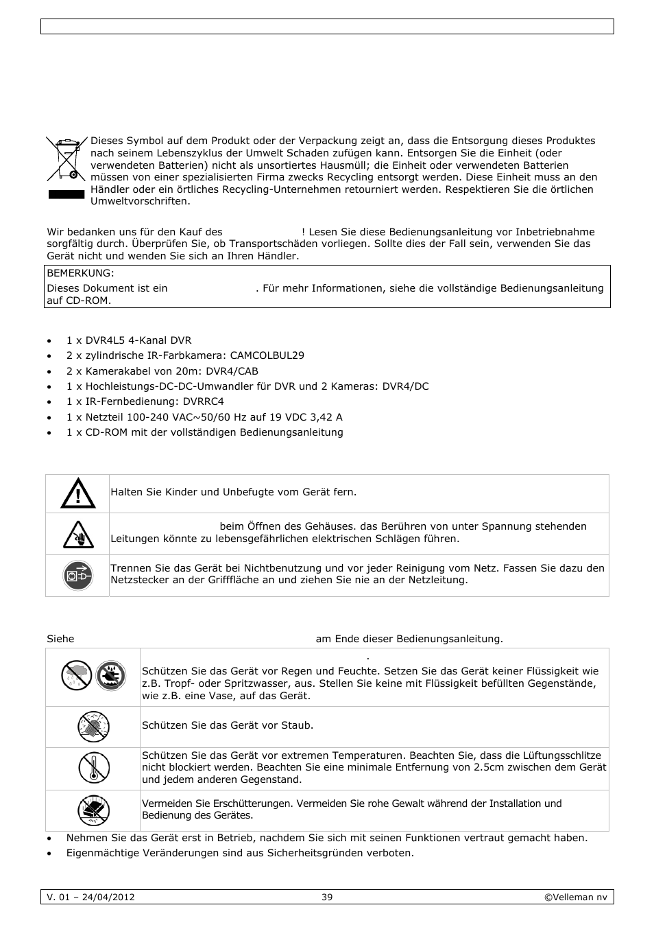 Schnelleinstieg, Schne, Ellein | Nstieg, Einführ, Sicherh, Allgem, Rung, Heitshinw, Eine rich | Velleman CCTVPROM14 User Manual | Page 39 / 49