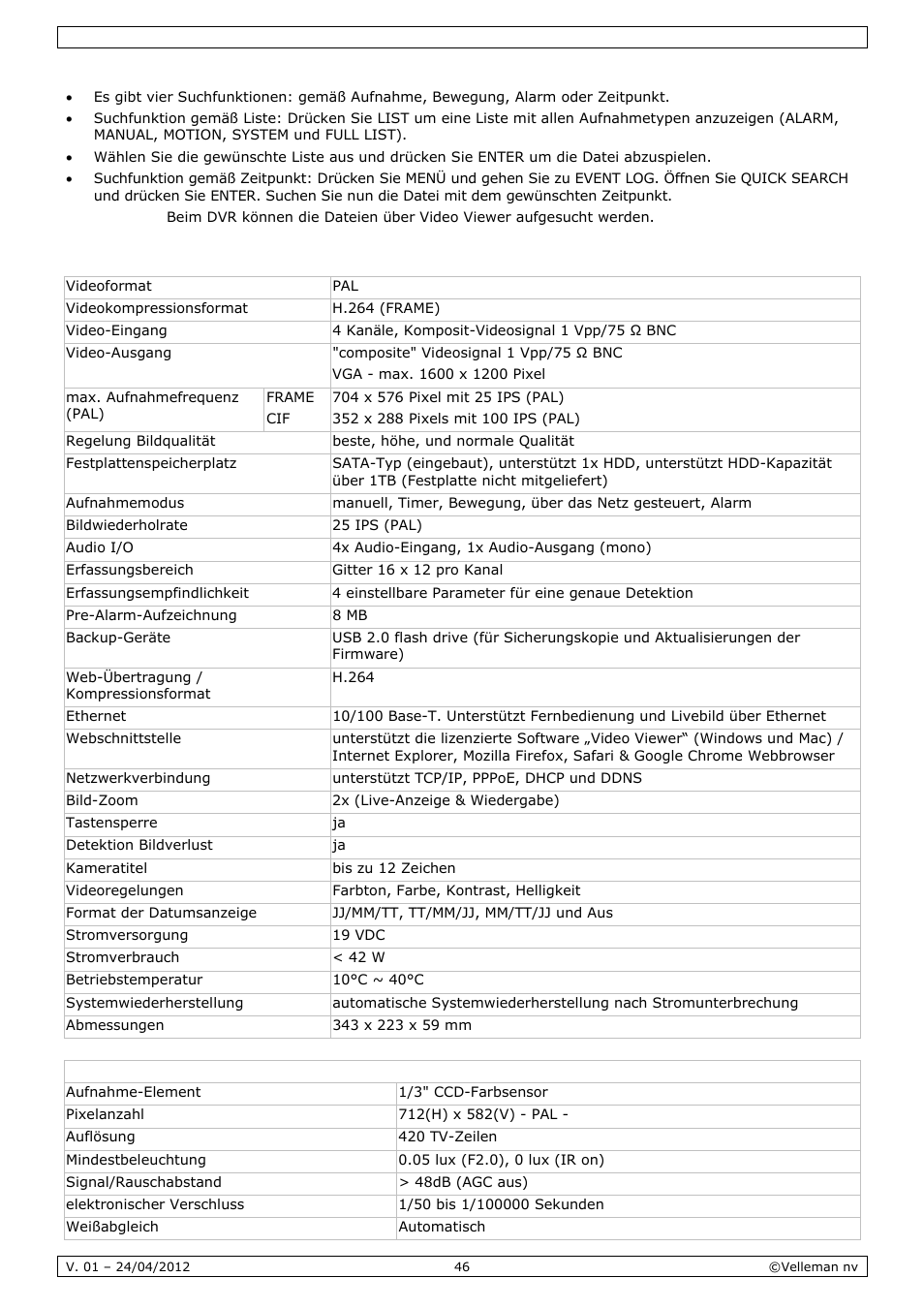 Technische daten | Velleman CCTVPROM14 User Manual | Page 46 / 49