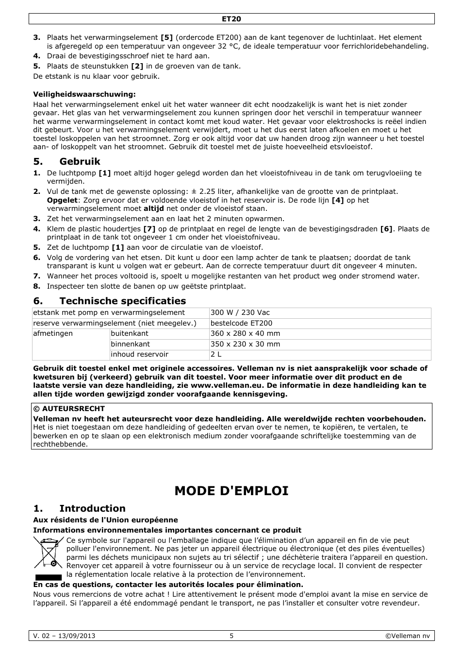 Veiligheidswaarschuwing, Gebruik, Technische specificaties | Mode d'emploi, Introduction | Velleman ET20 User Manual | Page 5 / 12