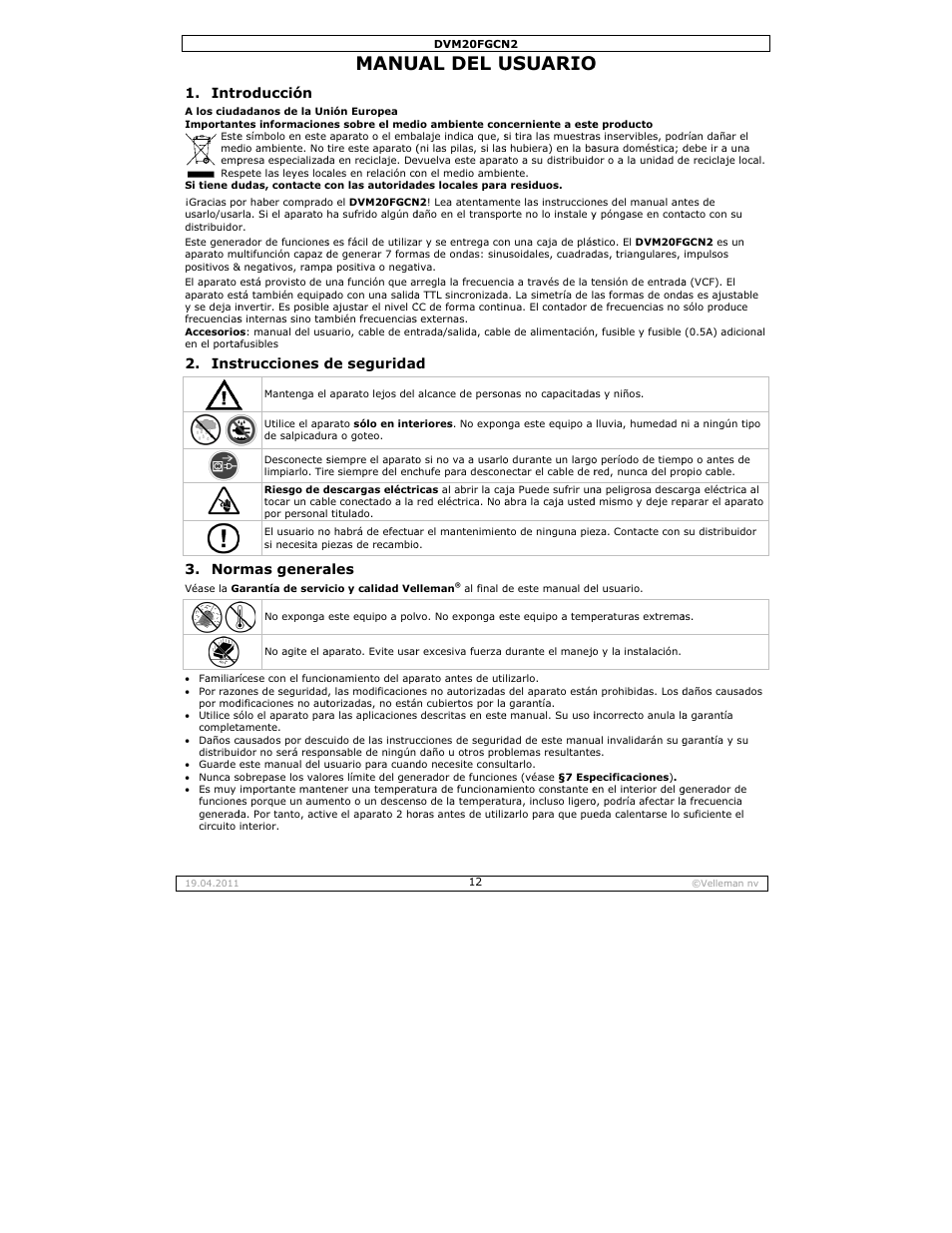 Manual del usuario, Manu, Ual del u | Usuario, Intr, Inst 3. nor, Roducción, Trucciones d, Rmas genera, De segurida | Velleman DVM20FGCN2 User Manual | Page 12 / 19