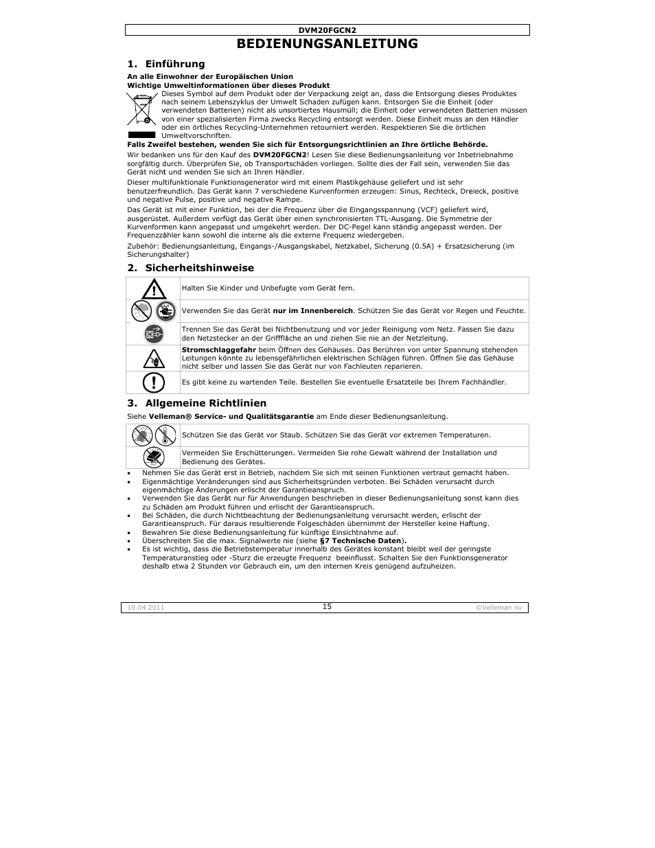 Bedienunganleitung, Bedien, Nungsan | Nleitung, Einf, Sich 3. allg, Führung, Herheitshinw, Gemeine ric, Weise | Velleman DVM20FGCN2 User Manual | Page 15 / 19
