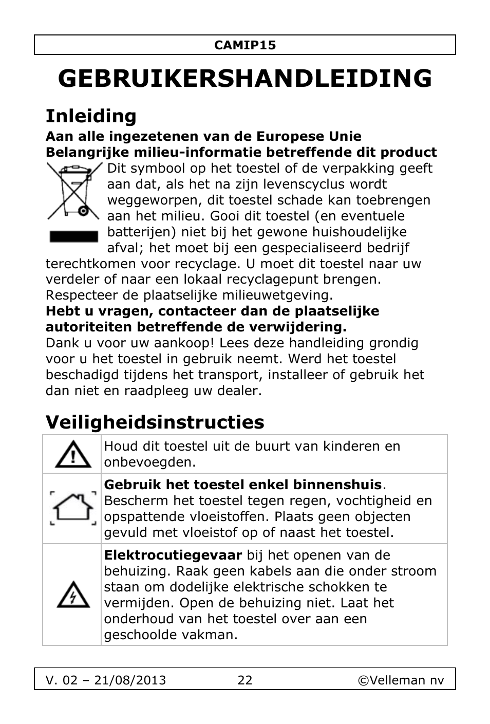 Gebruikershandleiding, Inleiding, Veiligheidsinstructies | Velleman CAMIP15 User Manual | Page 22 / 62