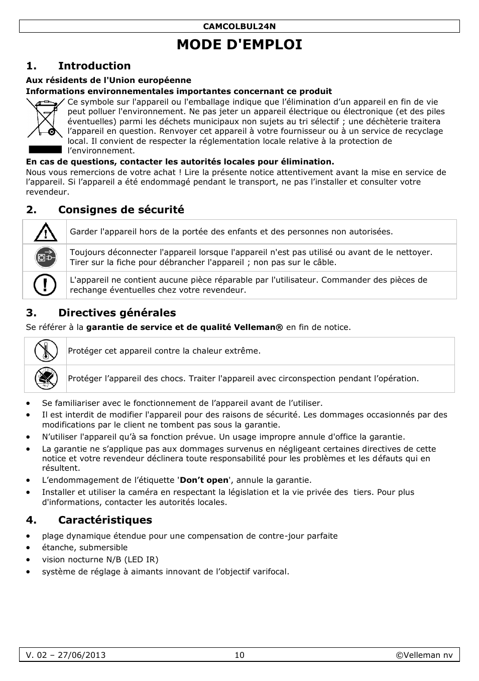 Mode d'emploi, Introduction, Consignes de sécurité | Directives générales, Caractéristiques | Velleman CAMCOLBUL24N User Manual | Page 10 / 20