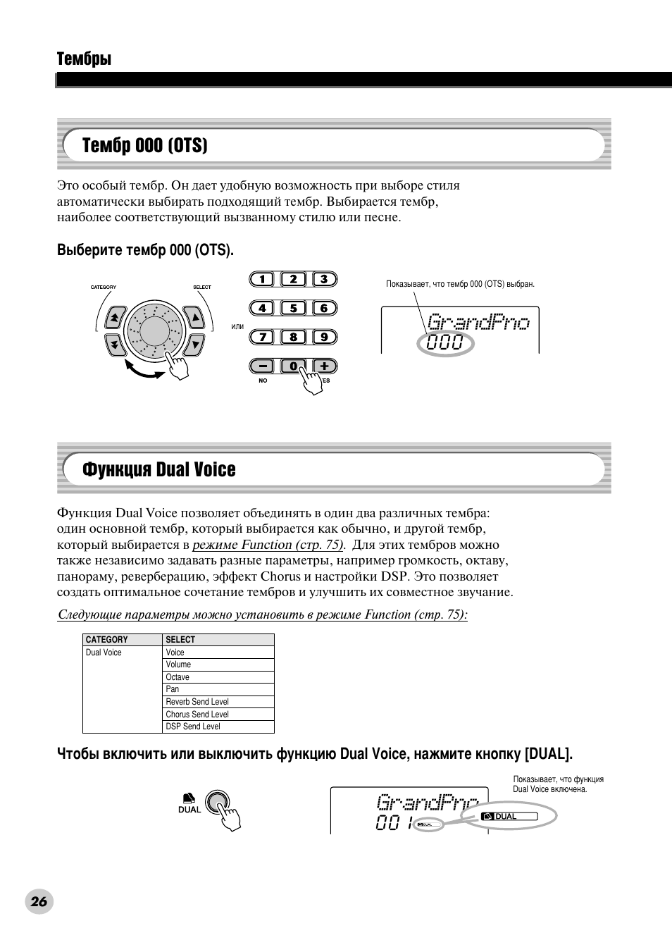 Тембр 000 (ots), Функция dual voice, Нвп· 000 (ots) • îûìíˆëﬂ dual voice | Ъвп·у‚ (тъ. 26), Òú. 26), Grandpno, Íâï· 000 (ots), Îûìíˆëﬂ dual voice | Yamaha PSR-290 User Manual | Page 26 / 98