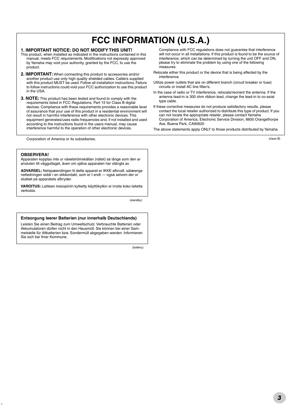 Fcc information (u.s.a.) | Yamaha PSR-290 User Manual | Page 3 / 98