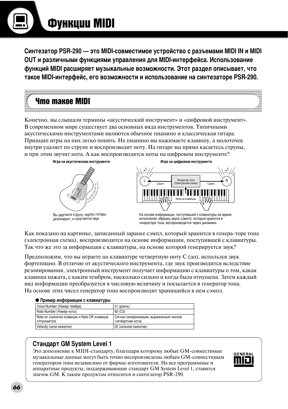 Функции midi, Что такое midi, Îûìíˆëë midi | Уъу ъ‡нув midi, Лъ‡м‰‡ ъ gm system level 1 | Yamaha PSR-290 User Manual | Page 66 / 98