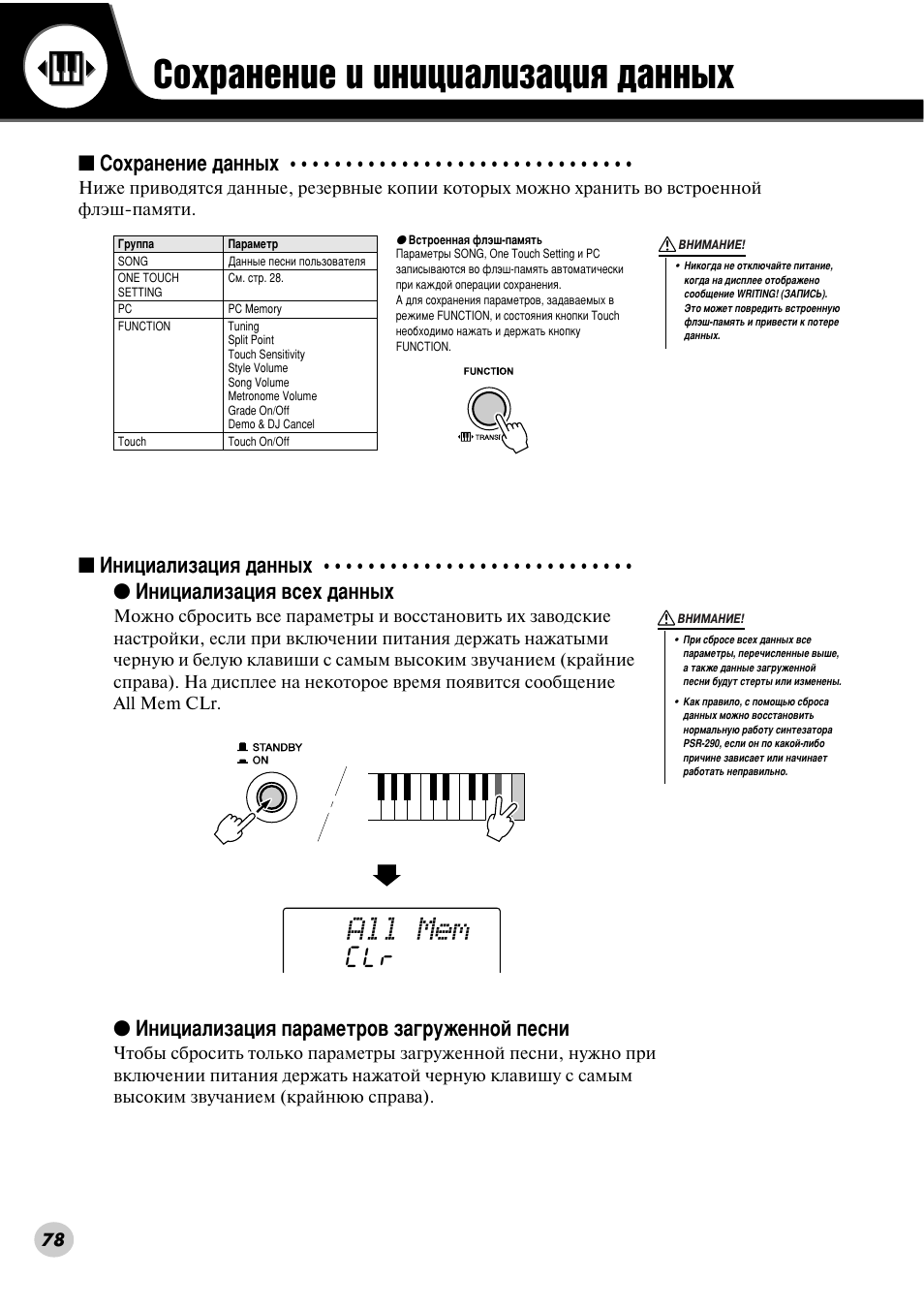 Сохранение и инициализация базы данных, Луı ‡мвмлв л ëìëˆë‡îëá‡ˆлﬂ ‰‡мм˚ı, All mem | Луı ‡мвмлв ‰‡мм˚ı, Àìëˆë‡îëá‡ˆлﬂ ф‡ ‡пвъ у‚ б‡„ ыквммуи фвтмл | Yamaha PSR-290 User Manual | Page 78 / 98