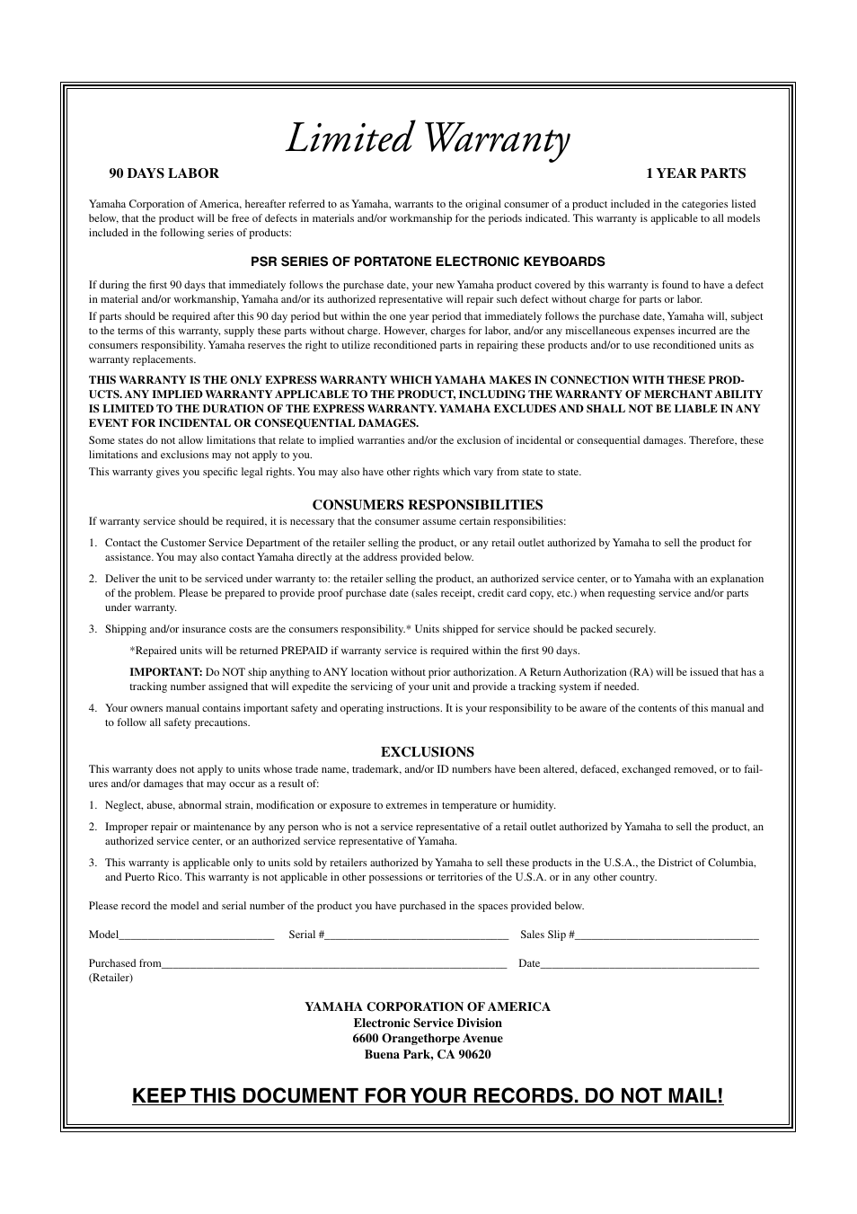 Limited warranty, Keep this document for your records. do not mail | Yamaha PSR-290 User Manual | Page 96 / 98