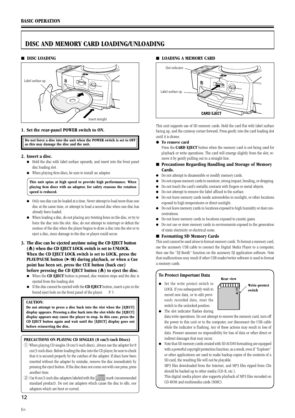 Disc and memory card loading/unloading | Pioneer DMP-555 User Manual | Page 12 / 24