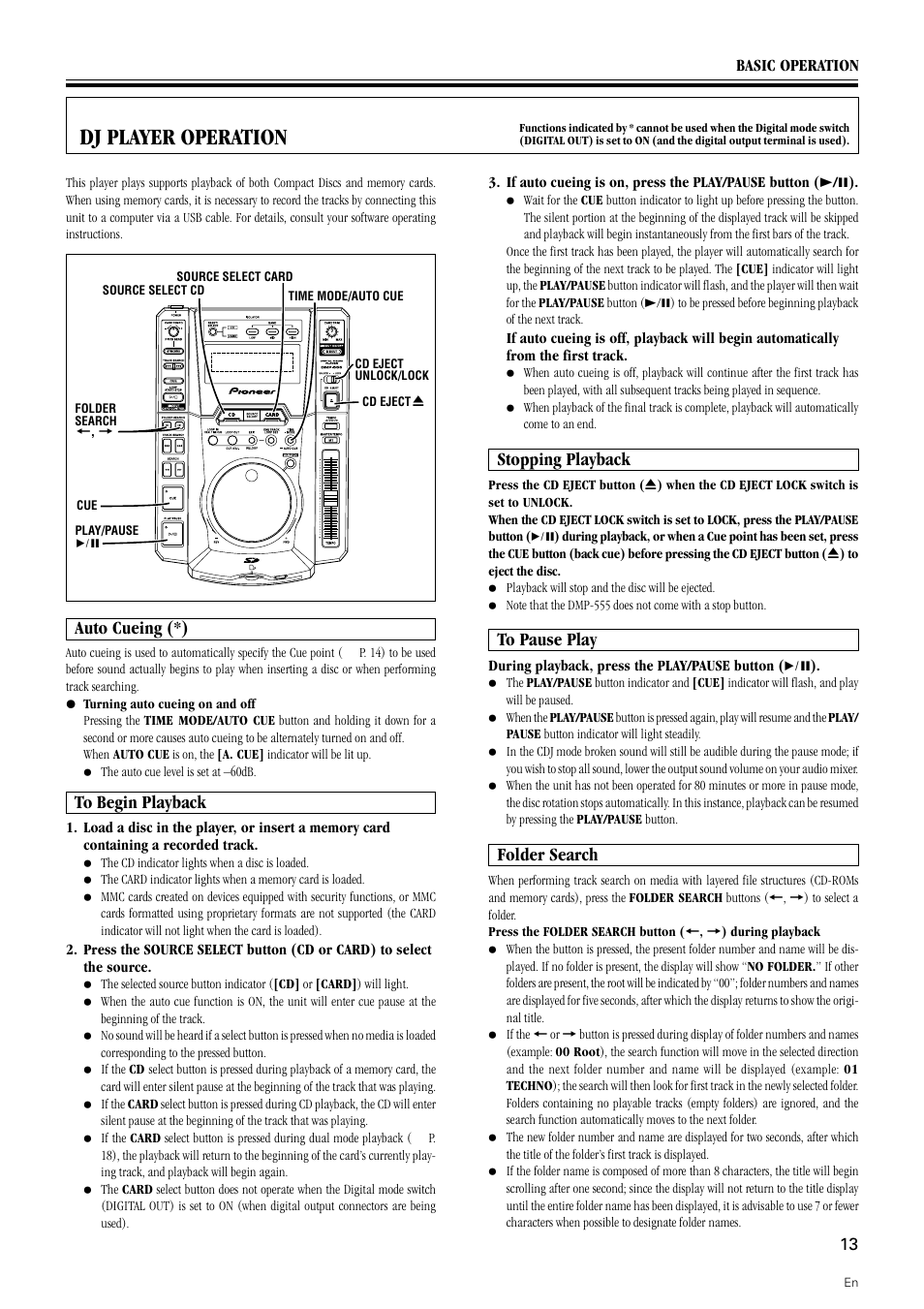 Dj player operation, Auto cueing (*), Stopping playback | Folder search | Pioneer DMP-555 User Manual | Page 13 / 24