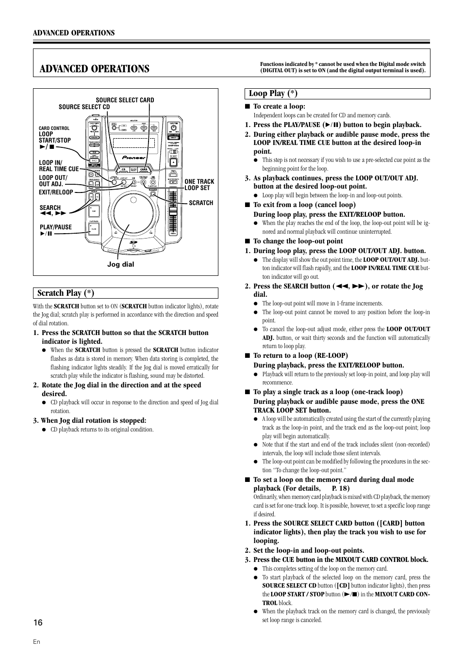 Advanced operations, Scratch play loop play, Scratch play (*) | Loop play (*) | Pioneer DMP-555 User Manual | Page 16 / 24