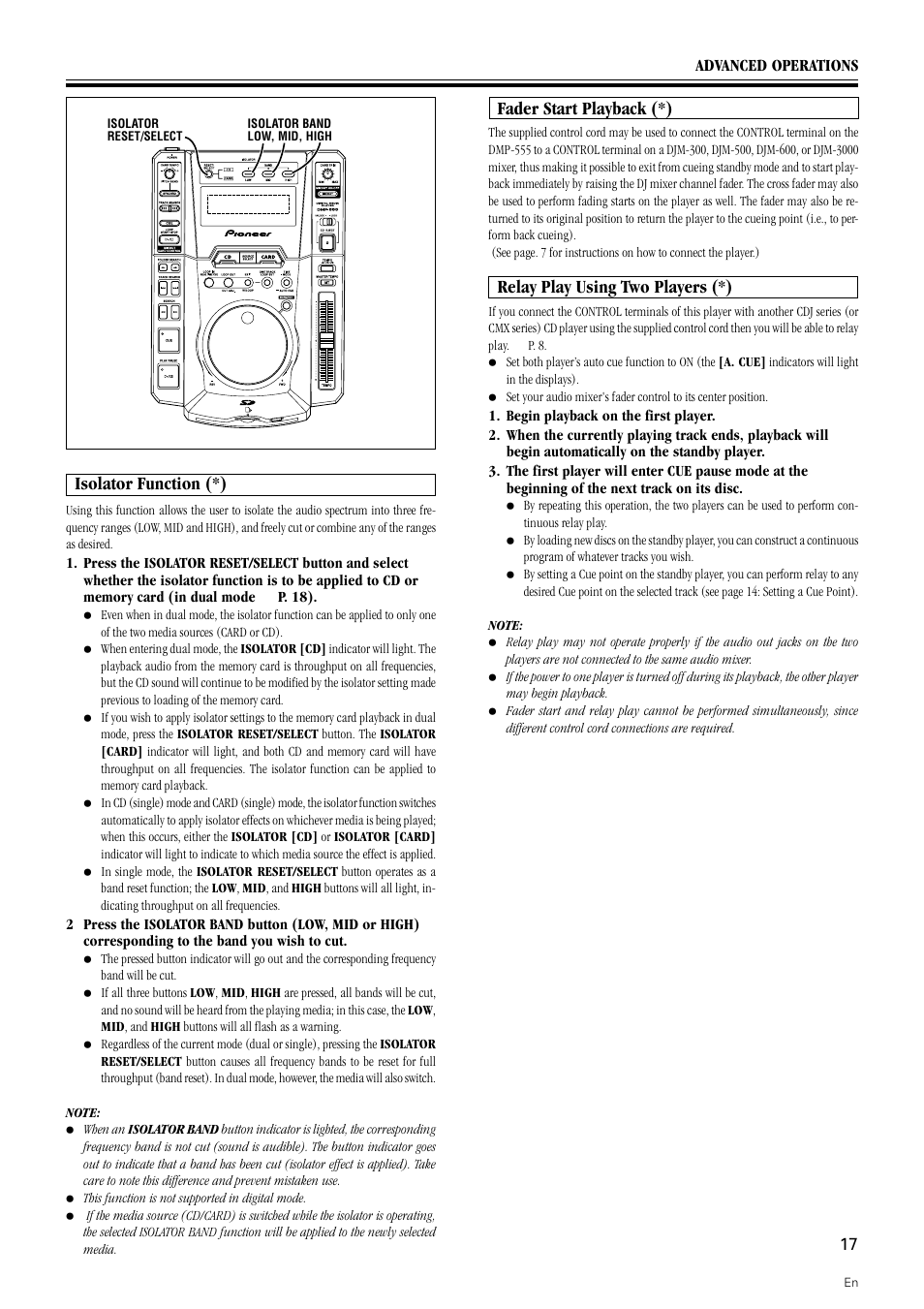 Fader start playback (*), Relay play using two players (*), Isolator function (*) | Pioneer DMP-555 User Manual | Page 17 / 24