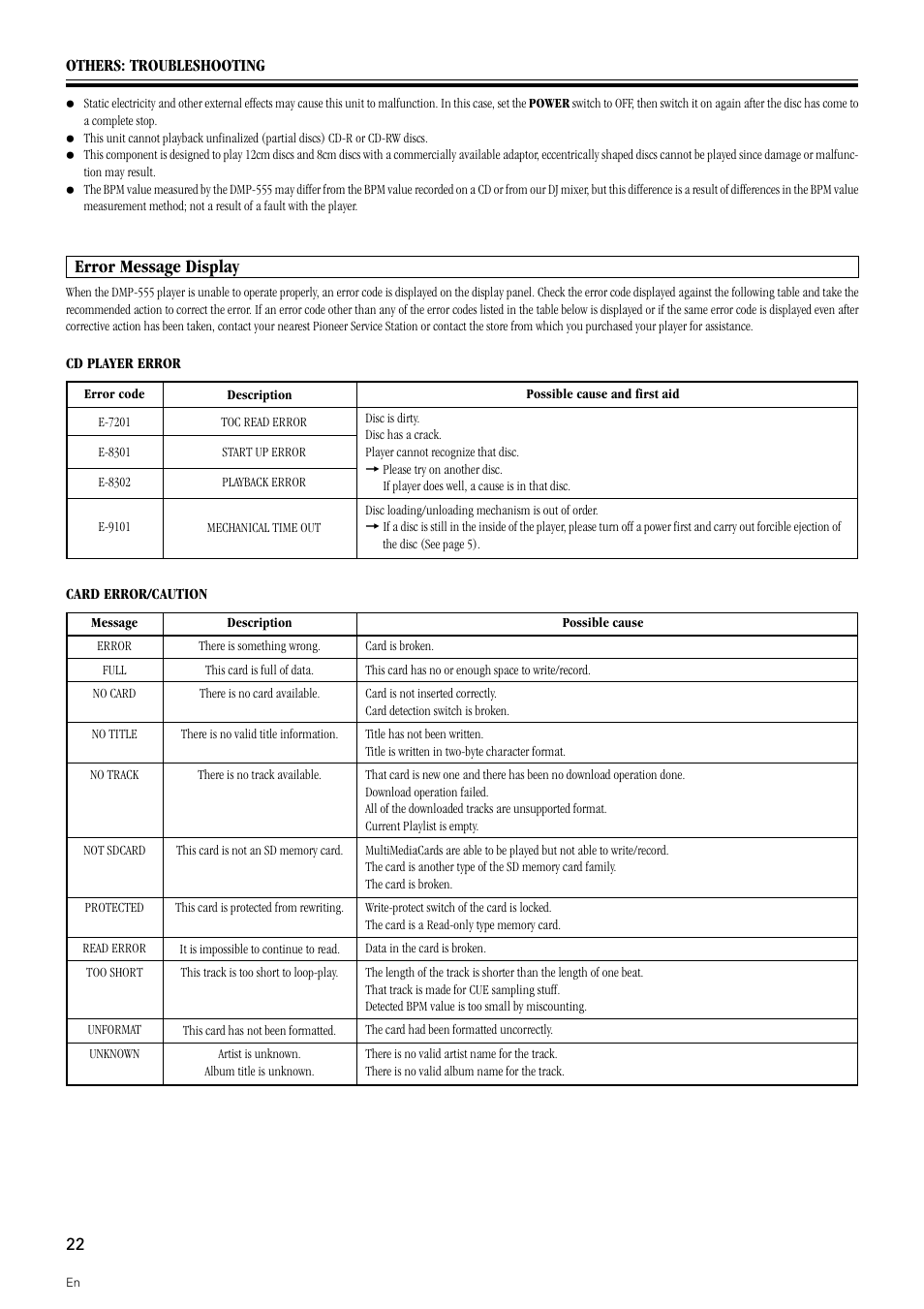Error message display | Pioneer DMP-555 User Manual | Page 22 / 24