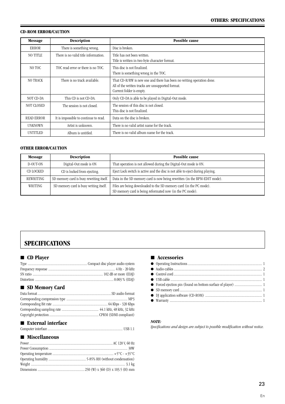 Specifications, 7 cd player, 7 external interface | 7 miscellaneous, 7 accessories | Pioneer DMP-555 User Manual | Page 23 / 24