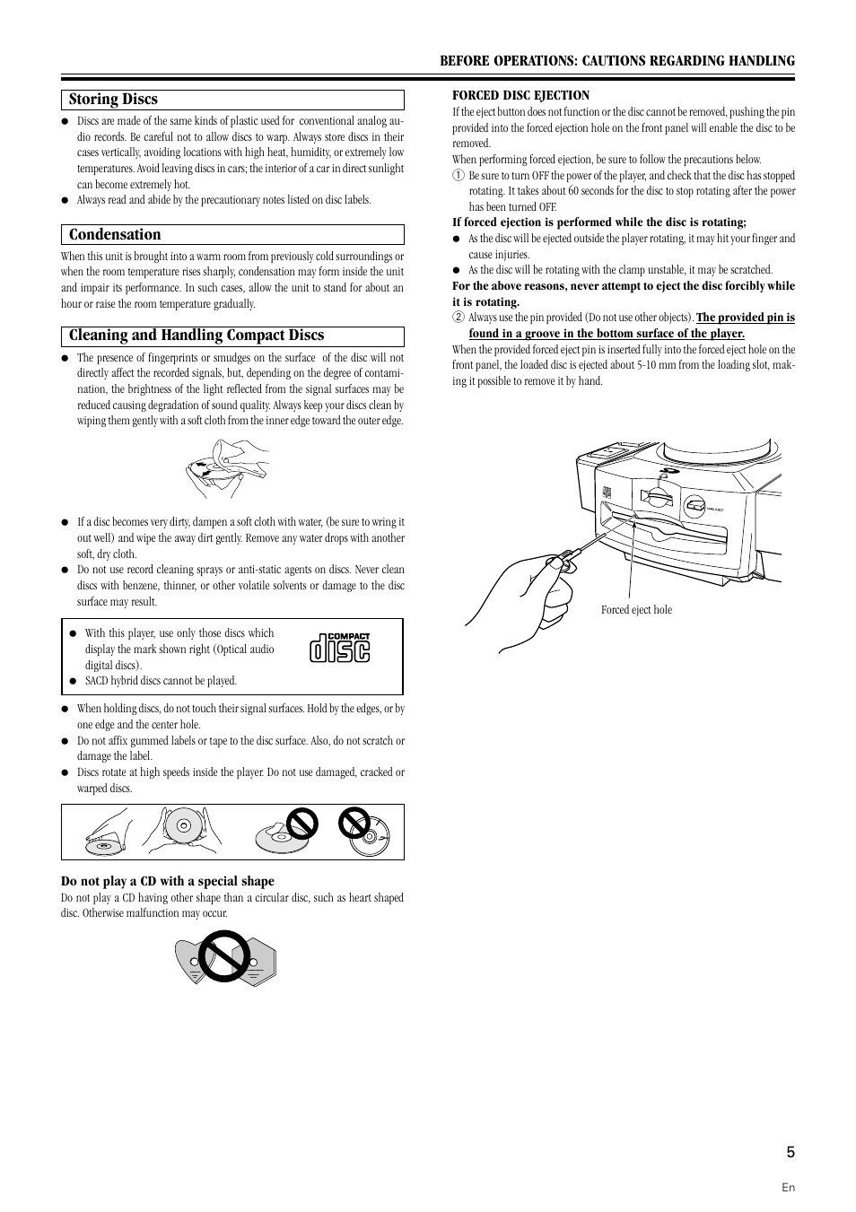 Storing discs, Condensation, Cleaning and handling compact discs | Pioneer DMP-555 User Manual | Page 5 / 24