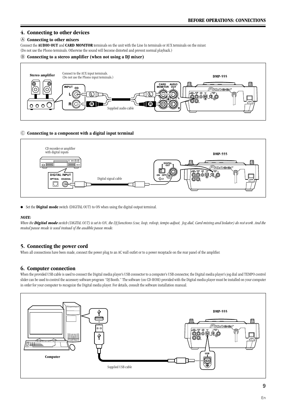 Connecting the power cord, Computer connection, Connecting to other devices | Pioneer DMP-555 User Manual | Page 9 / 24