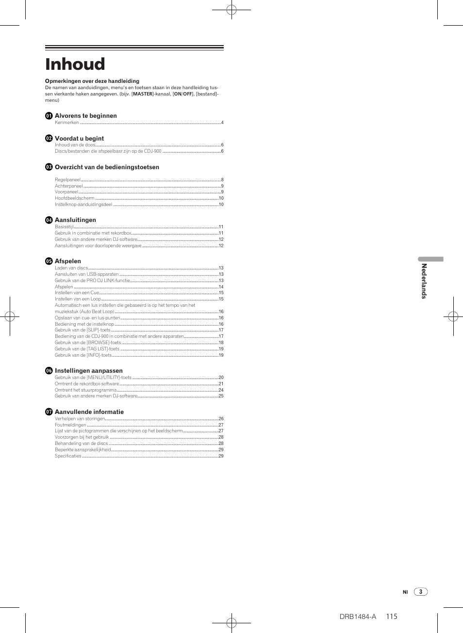 Multi-speler, Handleiding, Inhoud | Pioneer CDJ-900 User Manual | Page 115 / 198