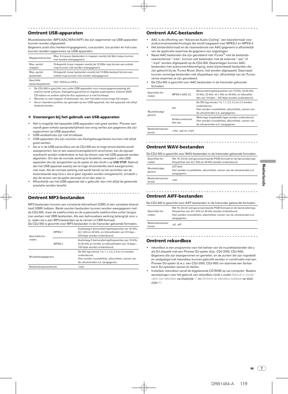 Drb1484-a, Omtrent mp3-bestanden, Omtrent aac-bestanden | Omtrent wav-bestanden, Omtrent aiff-bestanden, Omtrent rekordbox, Nederlands | Pioneer CDJ-900 User Manual | Page 119 / 198