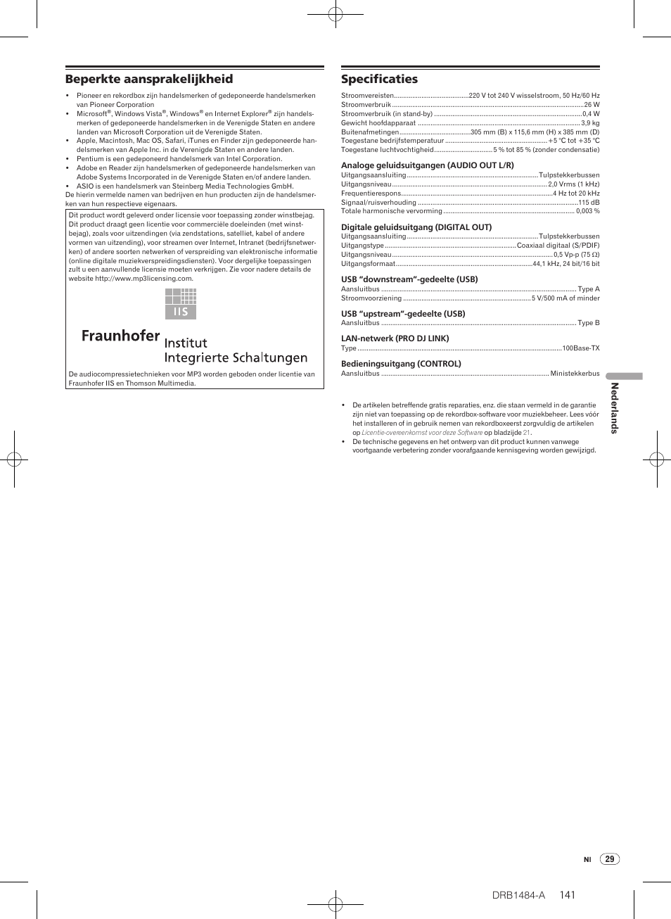 Beperkte aansprakelijkheid specificaties, Beperkte aansprakelijkheid, Specificaties | Drb1484-a | Pioneer CDJ-900 User Manual | Page 141 / 198
