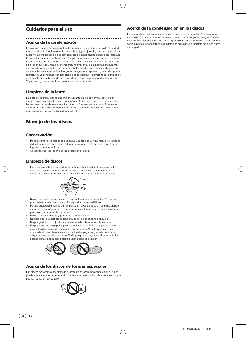 Cuidados para el uso manejo de los discos, Cuidados para el uso, Manejo de los discos | Pioneer CDJ-900 User Manual | Page 168 / 198