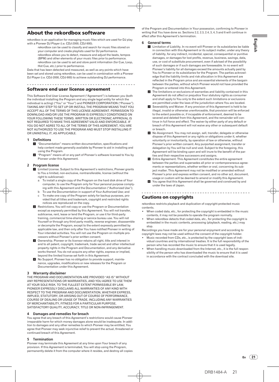 About the rekordbox software, Drb1484-a, Software end user license agreement | Cautions on copyrights | Pioneer CDJ-900 User Manual | Page 21 / 198
