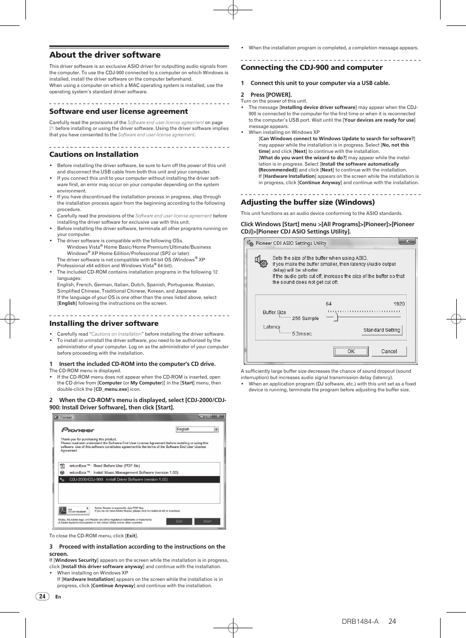 About the driver software, Drb1484-a, Software end user license agreement | Cautions on installation, Installing the driver software, Connecting the cdj-900 and computer, Adjusting the buffer size (windows) | Pioneer CDJ-900 User Manual | Page 24 / 198