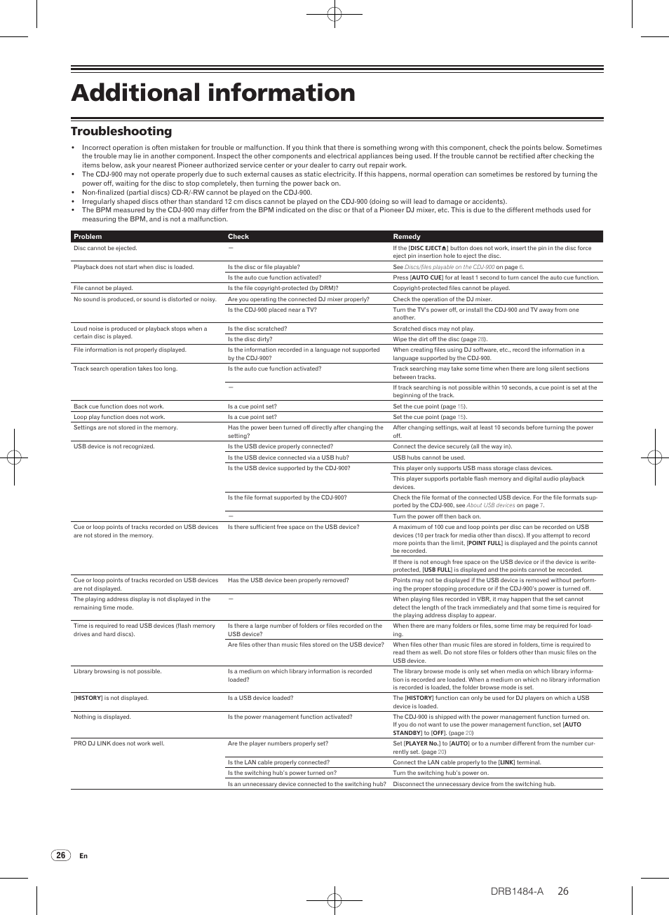 Additional information, Troubleshooting, Drb1484-a | Pioneer CDJ-900 User Manual | Page 26 / 198