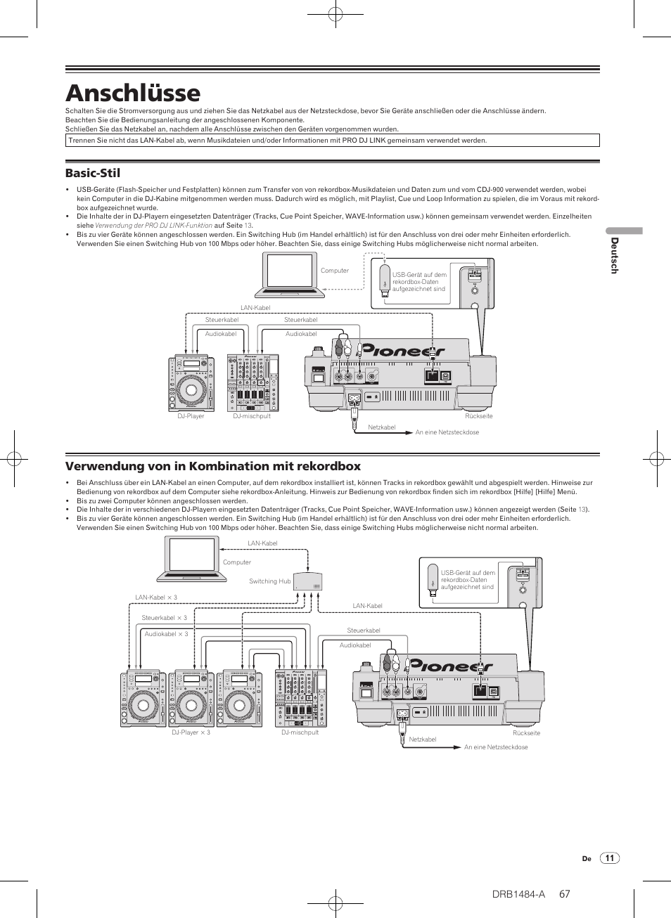 Anschlüsse, Basic-stil, Verwendung von in kombination mit rekordbox | Drb1484-a, Deutsch | Pioneer CDJ-900 User Manual | Page 67 / 198