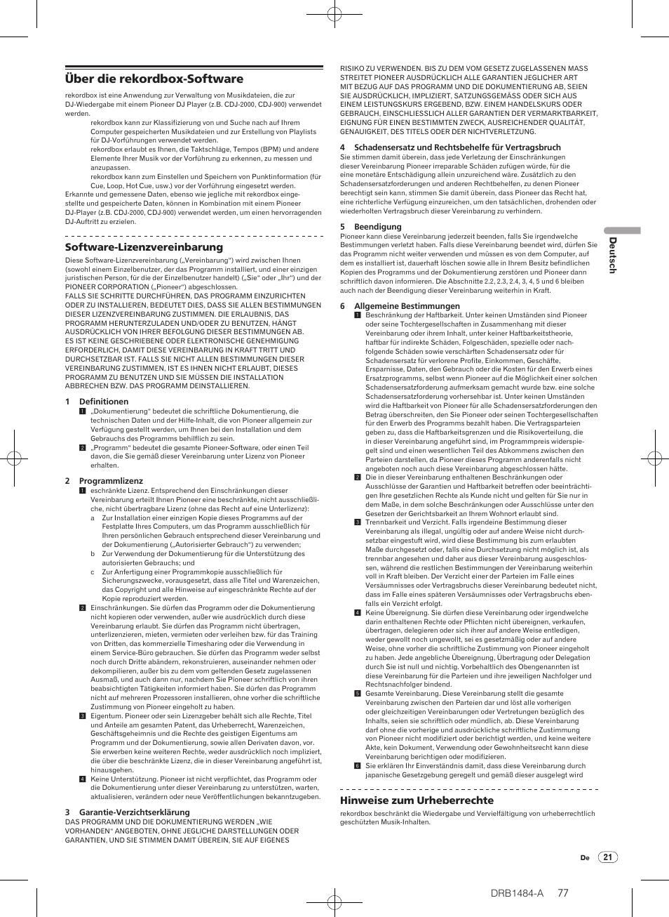 Über die rekordbox-software, Drb1484-a, Software-lizenzvereinbarung | Hinweise zum urheberrechte | Pioneer CDJ-900 User Manual | Page 77 / 198