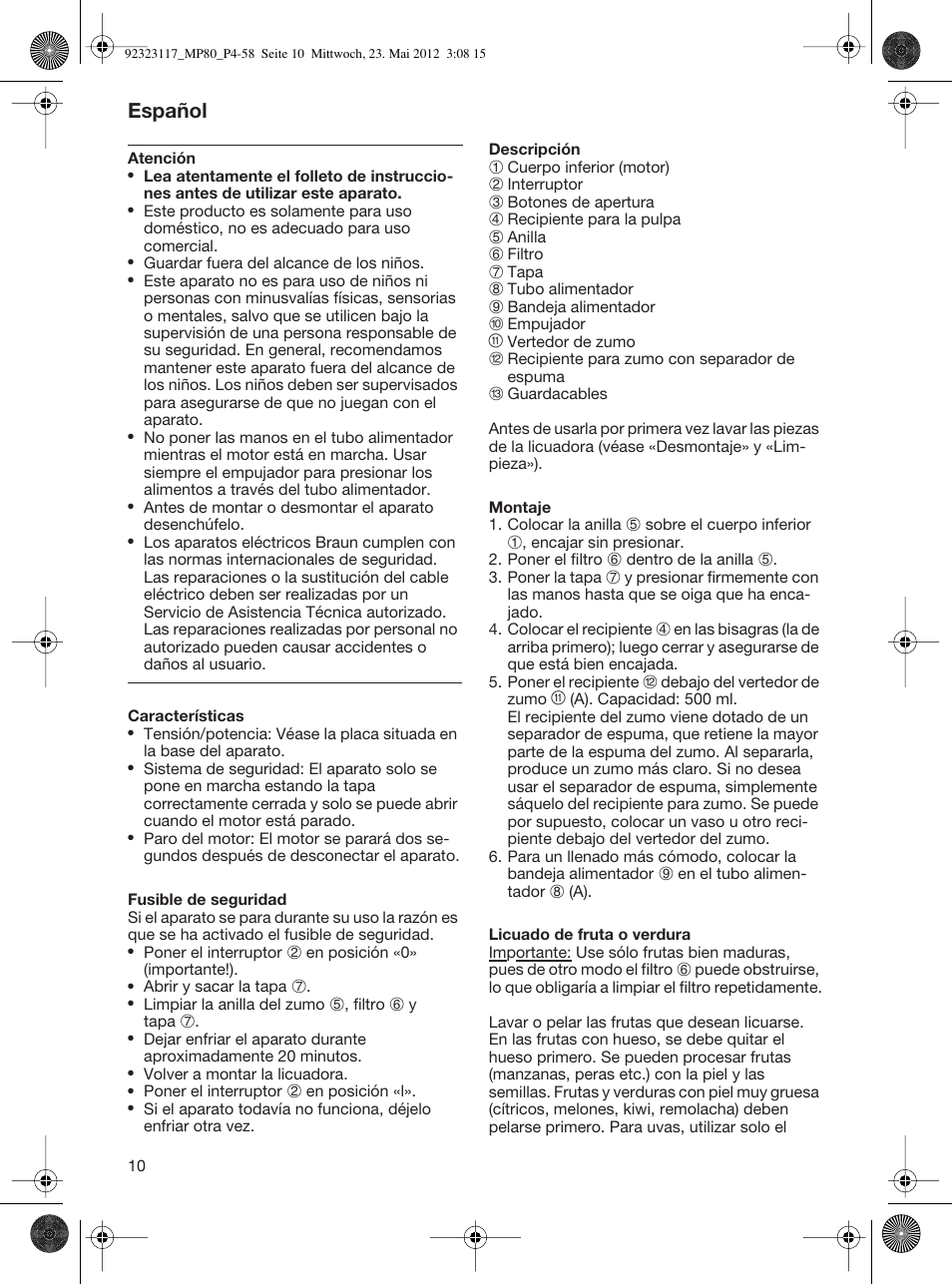 Español | Braun Multiquick 5 MP 80 User Manual | Page 10 / 57