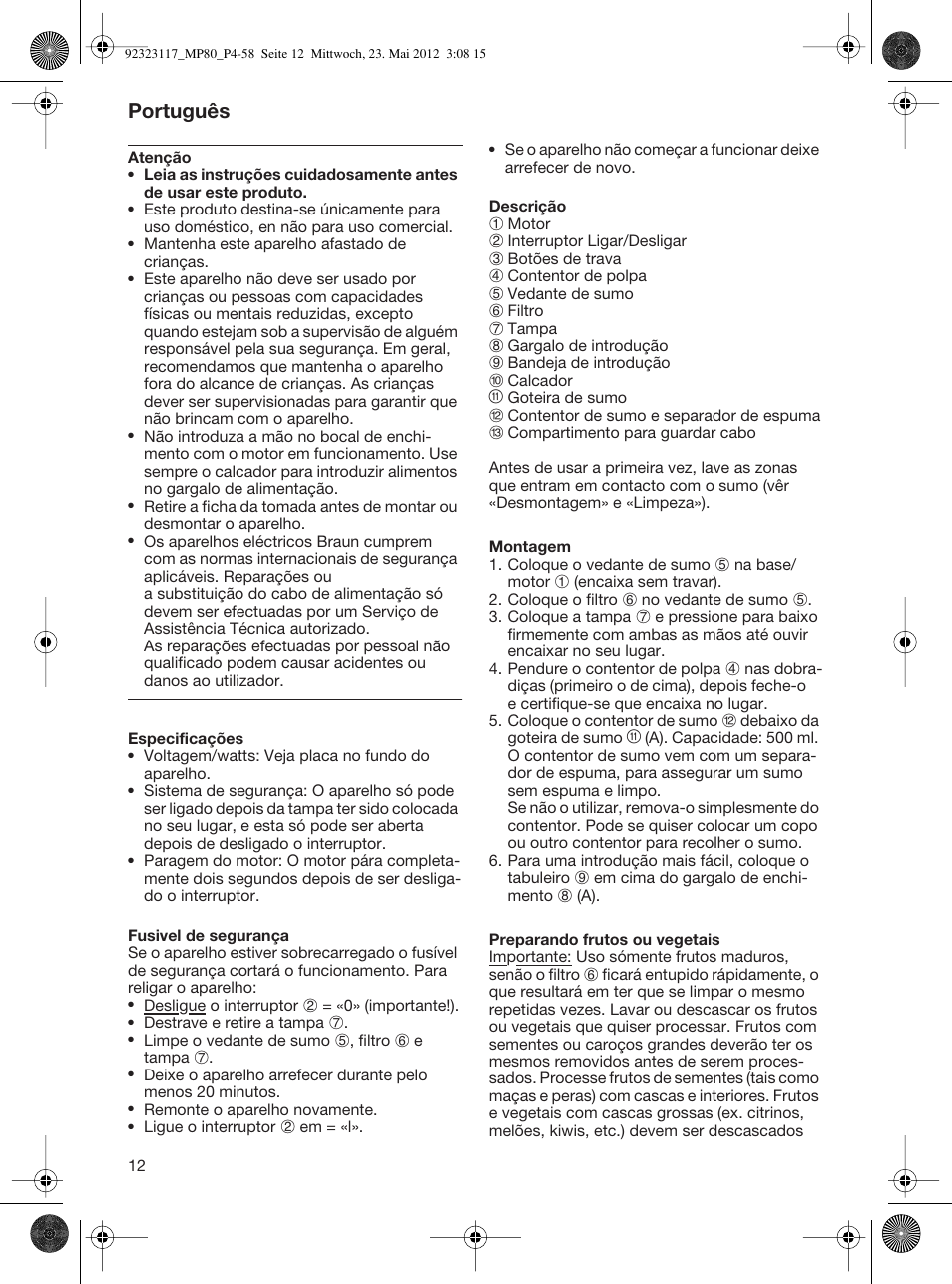 Português | Braun Multiquick 5 MP 80 User Manual | Page 12 / 57