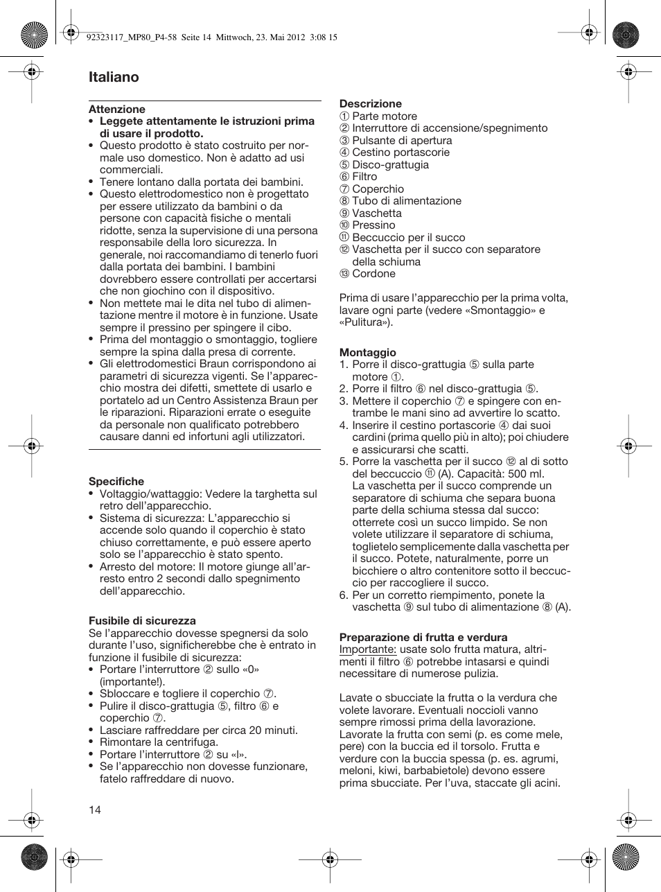 Italiano | Braun Multiquick 5 MP 80 User Manual | Page 14 / 57