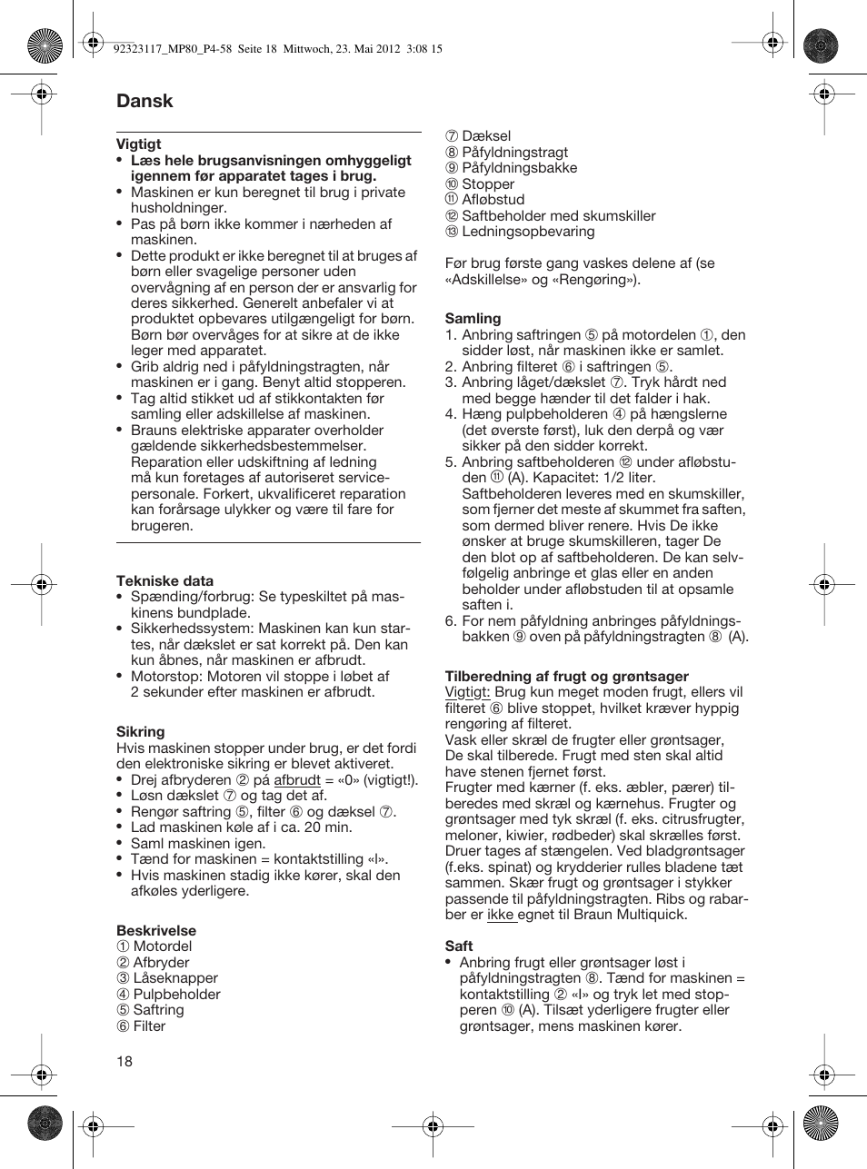 Dansk | Braun Multiquick 5 MP 80 User Manual | Page 18 / 57