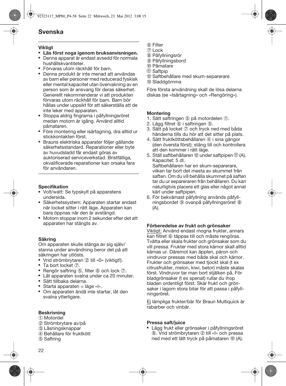 Svenska | Braun Multiquick 5 MP 80 User Manual | Page 22 / 57