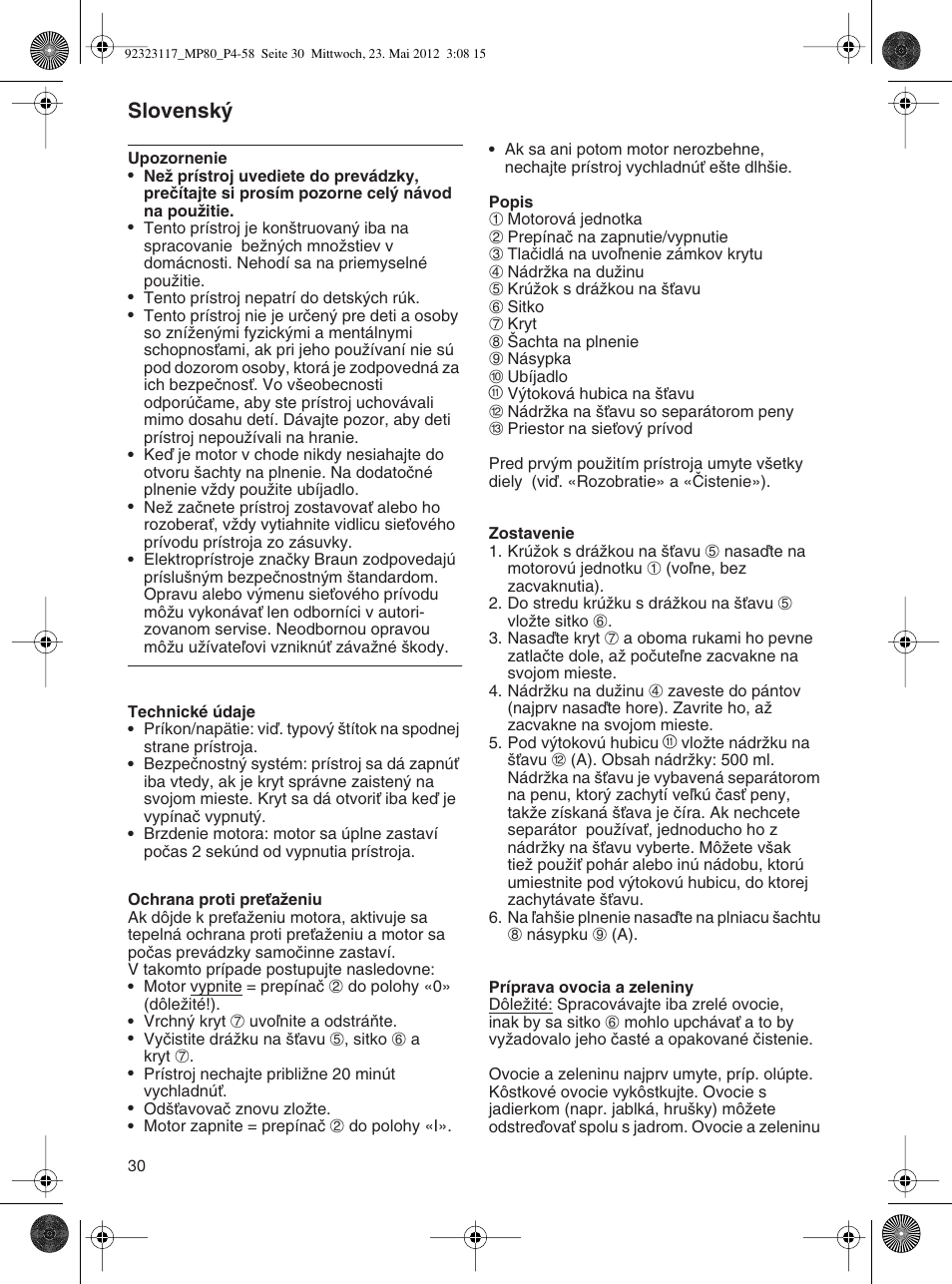 Slovensk | Braun Multiquick 5 MP 80 User Manual | Page 30 / 57