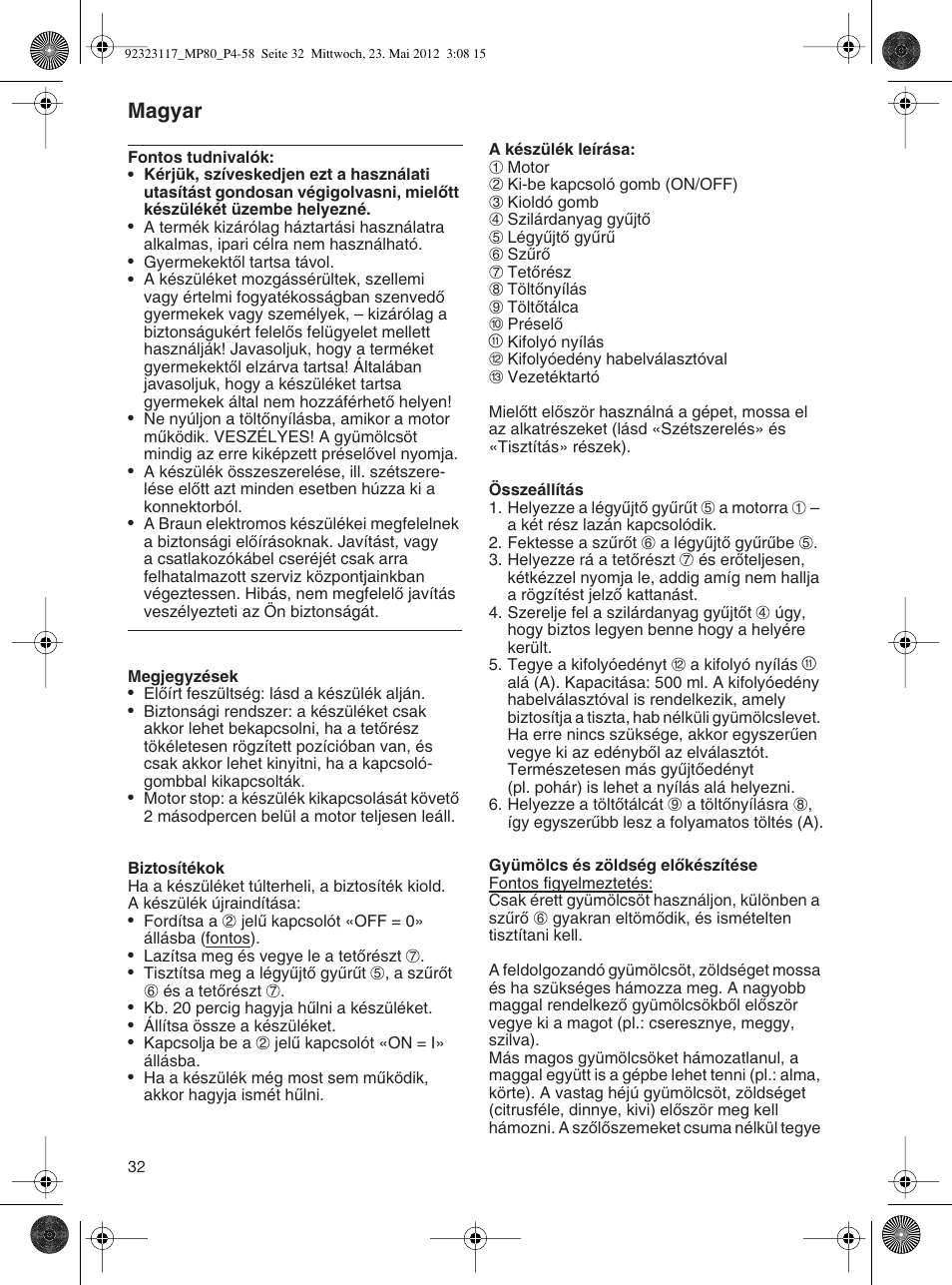 Magyar | Braun Multiquick 5 MP 80 User Manual | Page 32 / 57