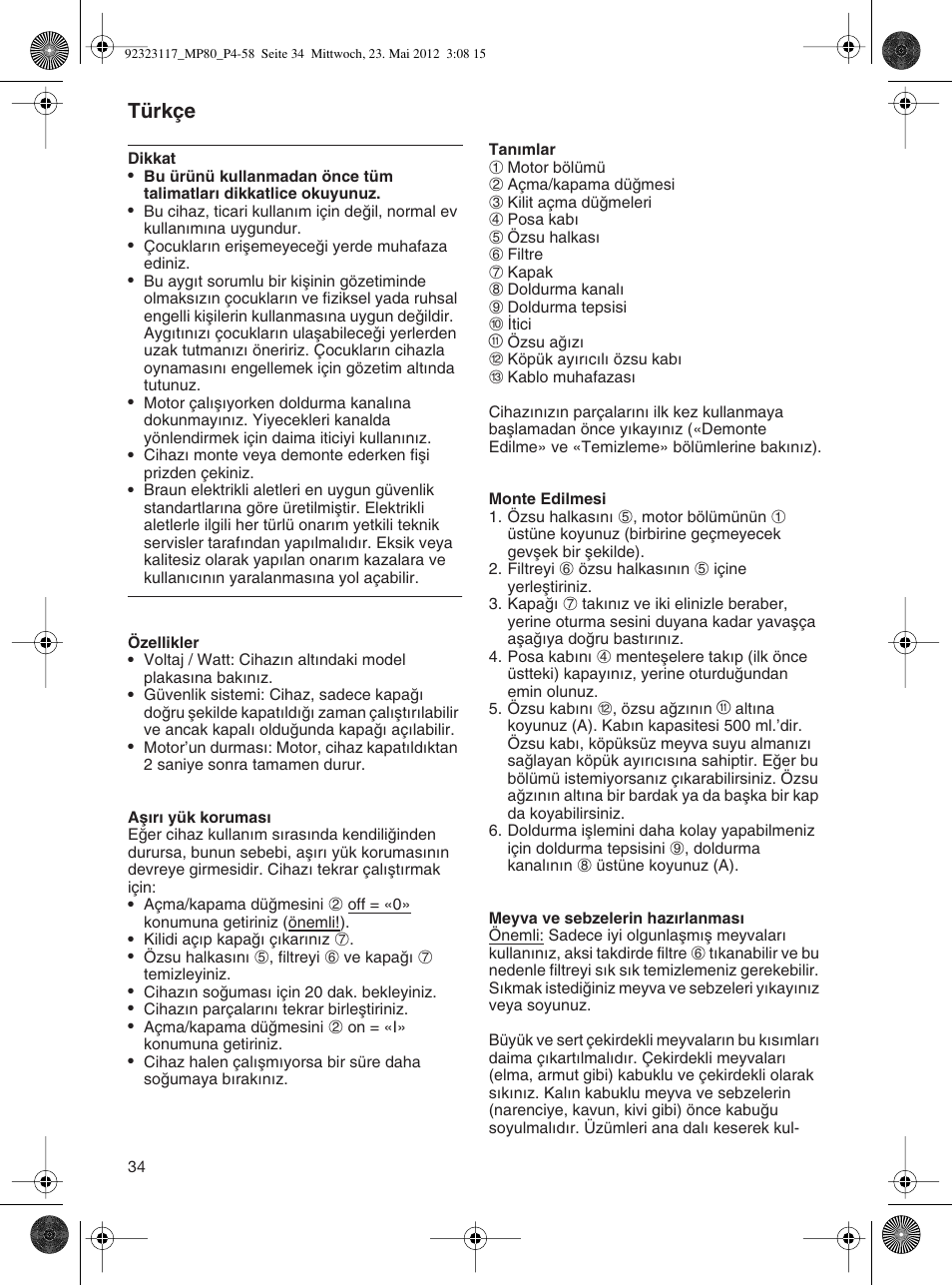 Türkçe | Braun Multiquick 5 MP 80 User Manual | Page 34 / 57