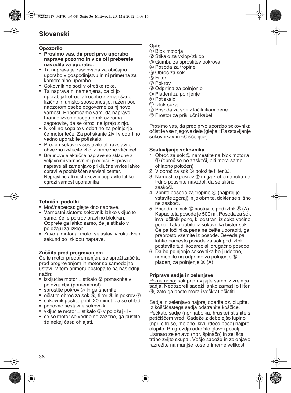 Slovenski | Braun Multiquick 5 MP 80 User Manual | Page 36 / 57
