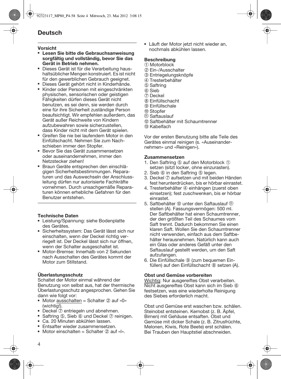 92323117_mp80_p4-58, Deutsch | Braun Multiquick 5 MP 80 User Manual | Page 4 / 57