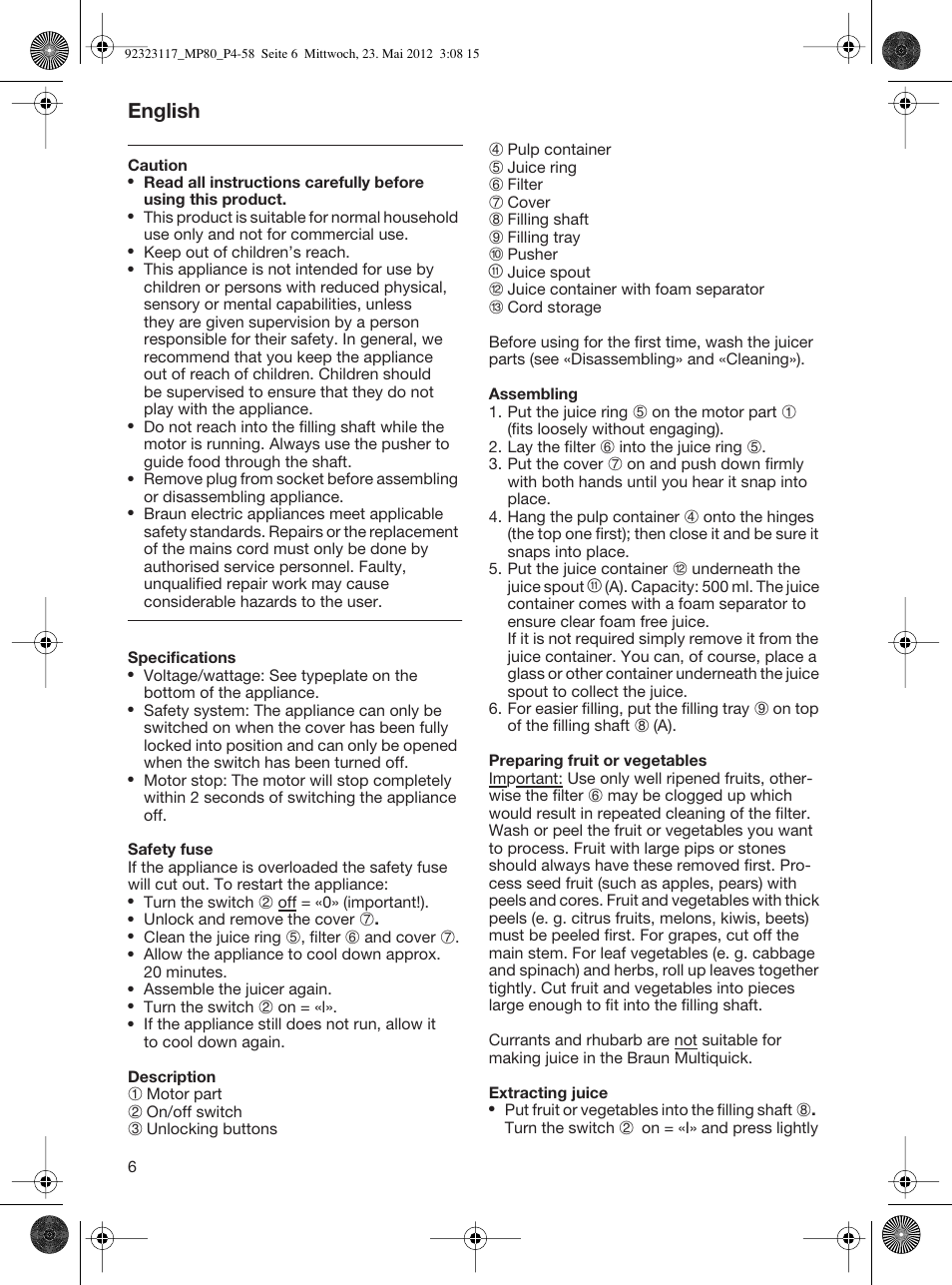 English | Braun Multiquick 5 MP 80 User Manual | Page 6 / 57