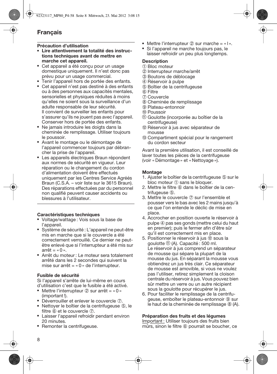 Français | Braun Multiquick 5 MP 80 User Manual | Page 8 / 57