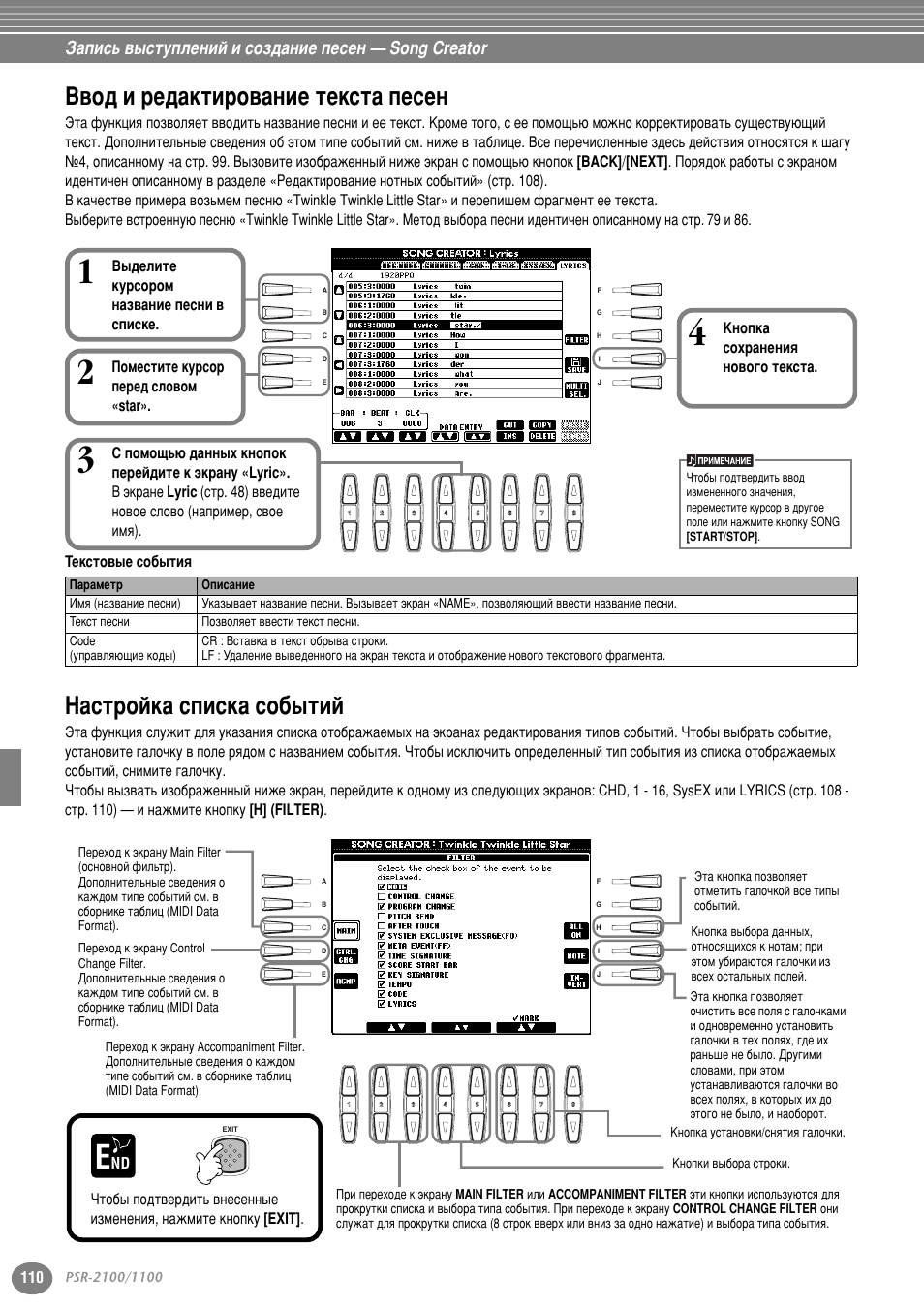 Ввод и редактирование текста песен, Настройка списка событий, З‚у‰ л в‰‡нъл у‚‡млв ъвнтъ‡ фвтвм | З‡тъ уин‡ тфлтн‡ ту·˚ъли, Б‡флт¸ ‚˚тъыфовмли л туб‰‡млв фвтвм — song creator, З˚‰волъв ны ту уп м‡б‚‡млв фвтмл ‚ тфлтнв, Дмуфн‡ туı ‡ìâìëﬂ му‚у„у ъвнтъ, Иупвтълъв ны ту фв в‰ тоу‚уп «star | Yamaha PSR-2100 User Manual | Page 110 / 176