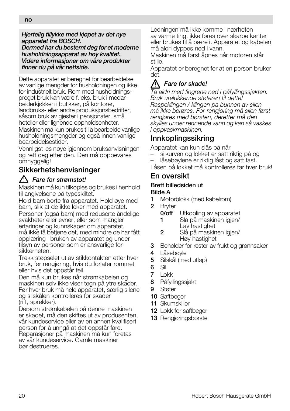 Sikkerhetshenvisninger, Innkoplingssikring, En oversikt | Bosch MES20G0 User Manual | Page 20 / 73