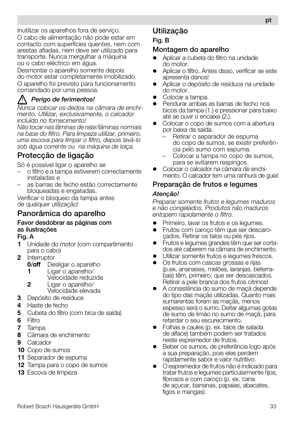 Protecção de ligação, Panorâmica do aparelho, Utilização | Bosch MES20G0 User Manual | Page 33 / 73