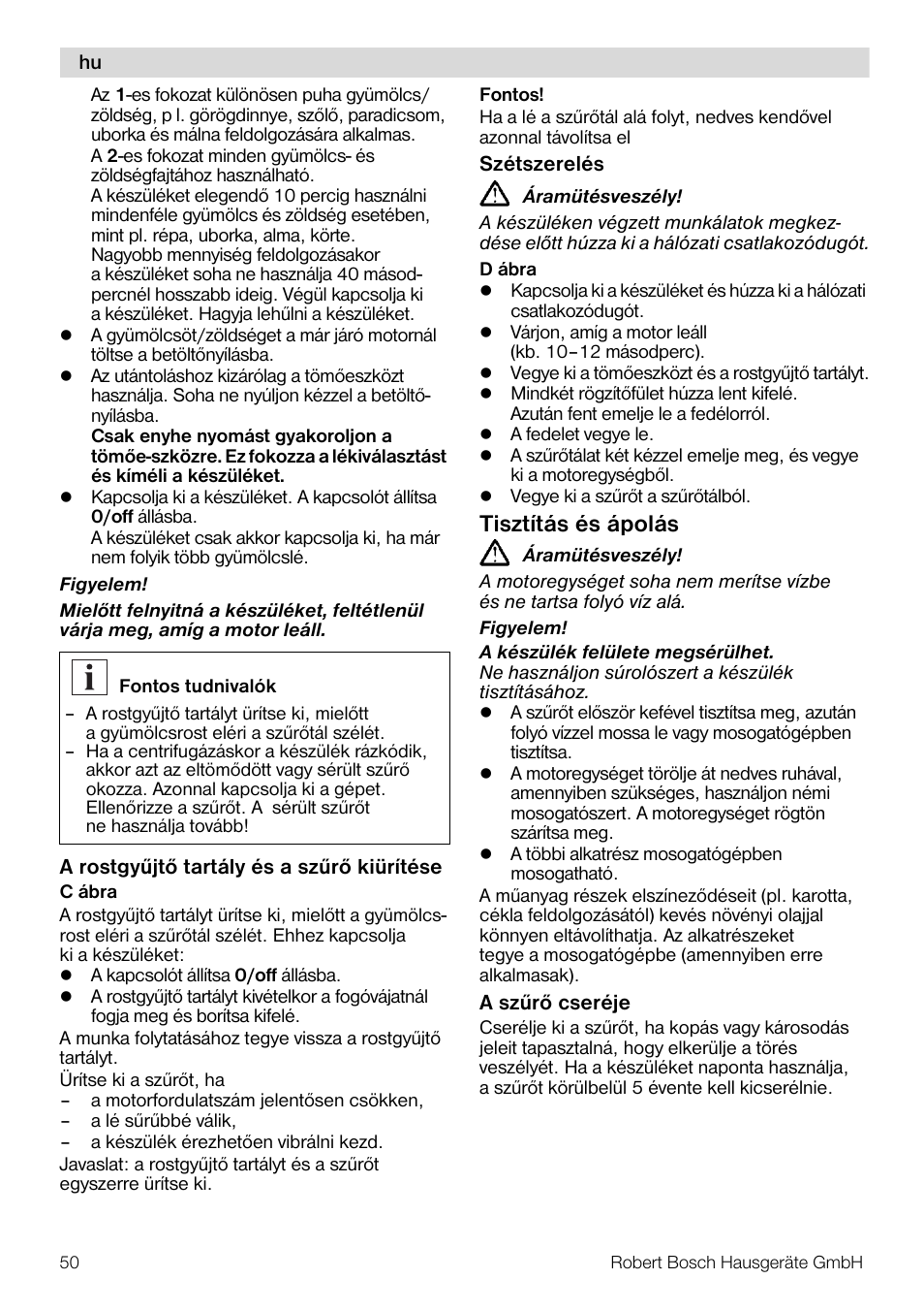 Tisztítás és ápolás | Bosch MES20G0 User Manual | Page 50 / 73