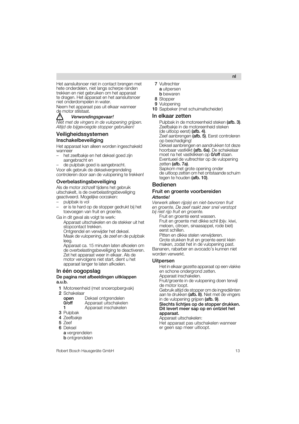 Veiligheidssystemen, In een oogopslag, In elkaar zetten | Bedienen | Bosch MES 1020 User Manual | Page 13 / 62