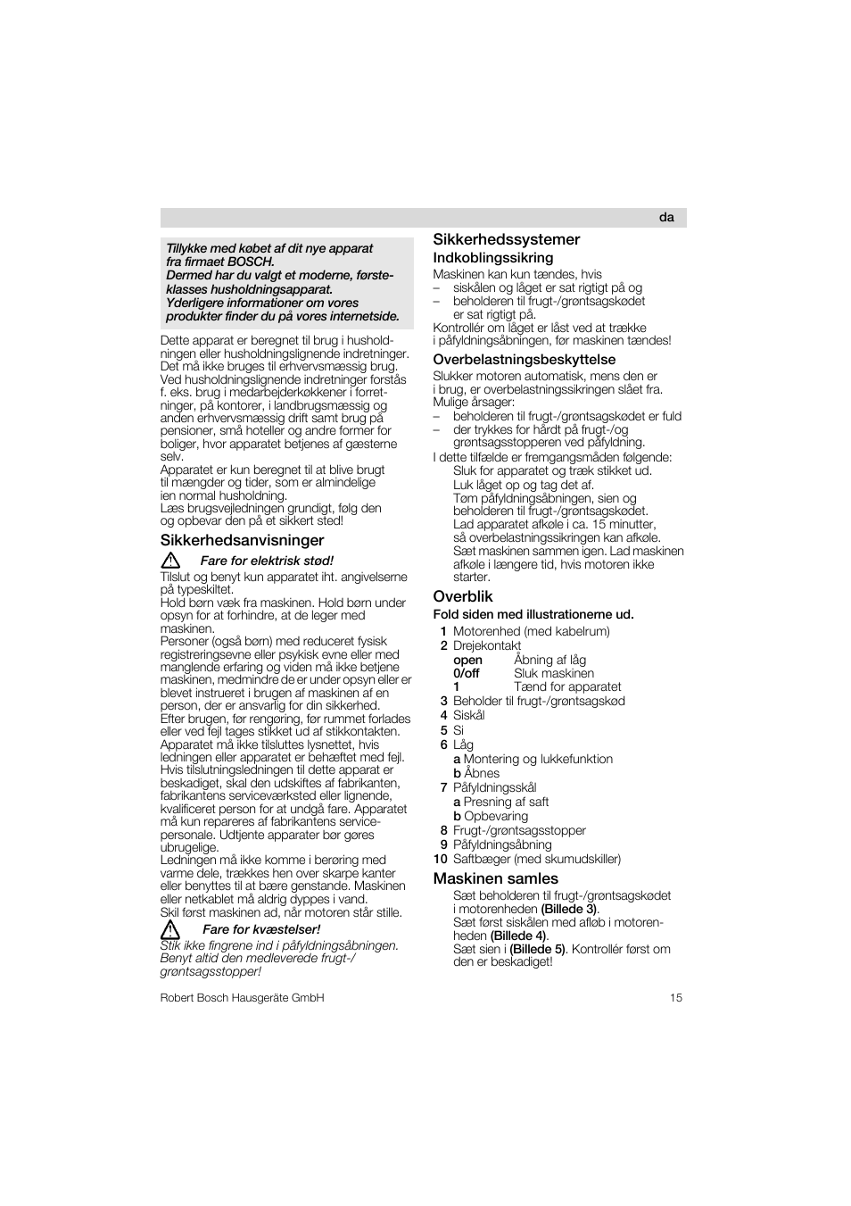 Sikkerhedsanvisninger, Sikkerhedssystemer, Overblik | Maskinen samles | Bosch MES 1020 User Manual | Page 15 / 62