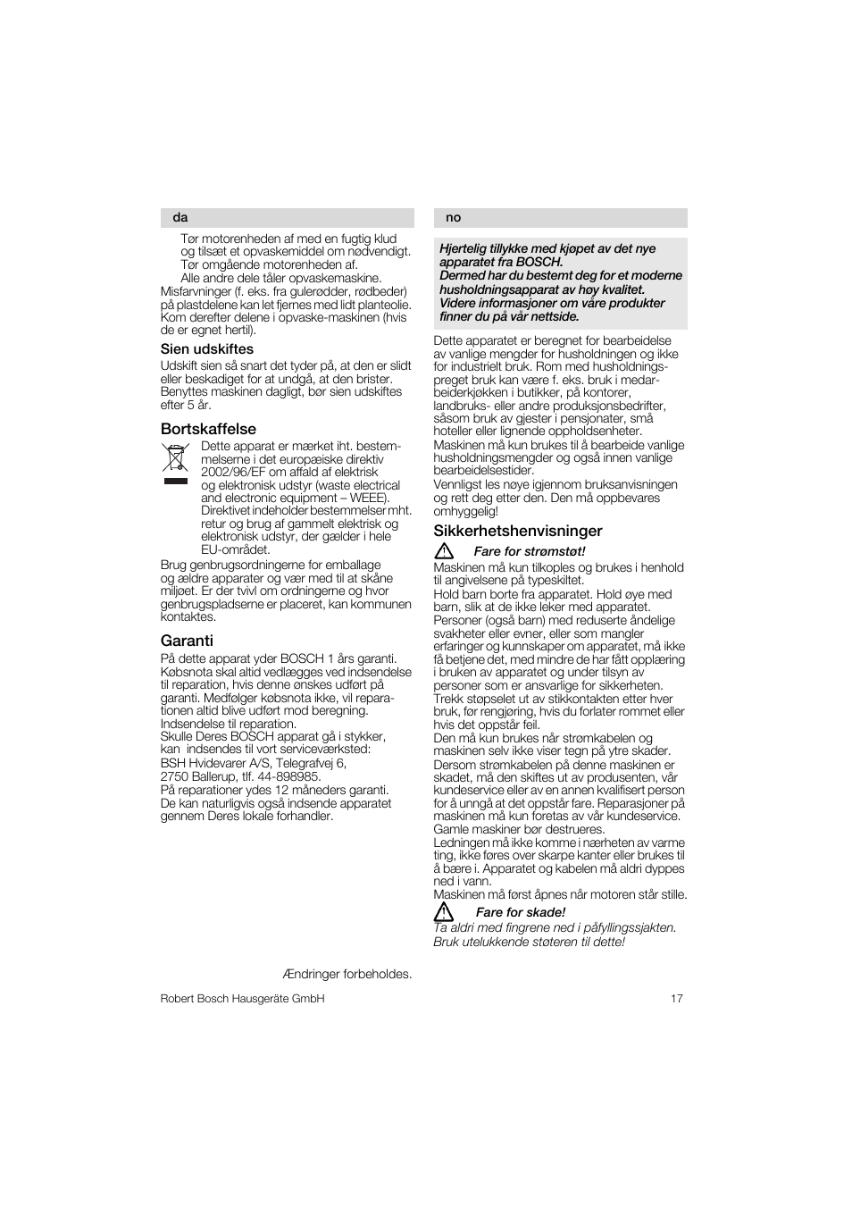 Sien udskiftes, Bortskaffelse, Garanti | Sikkerhetshenvisninger | Bosch MES 1020 User Manual | Page 17 / 62